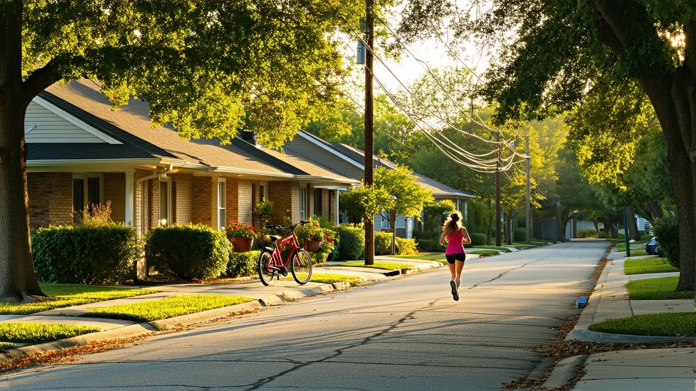 Sunlight filters through maple trees on a suburban street in The Colony, Texas, with tidy homes, a jogger, and a bicycle on a porch.