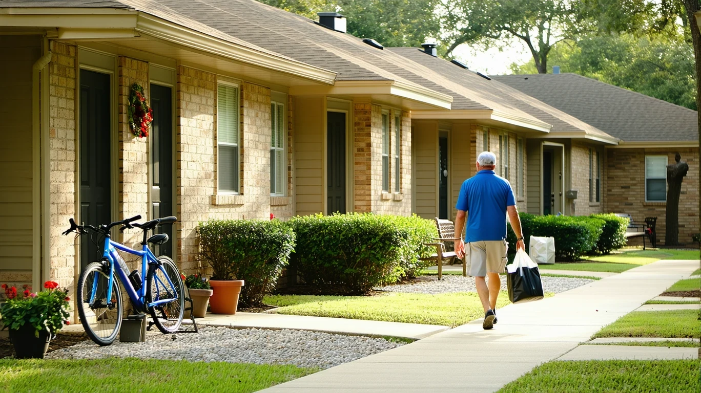 Apartment homes in Plano, Texas with bicycles outside and a man carrying groceries, oak trees providing shade over the courtyard.