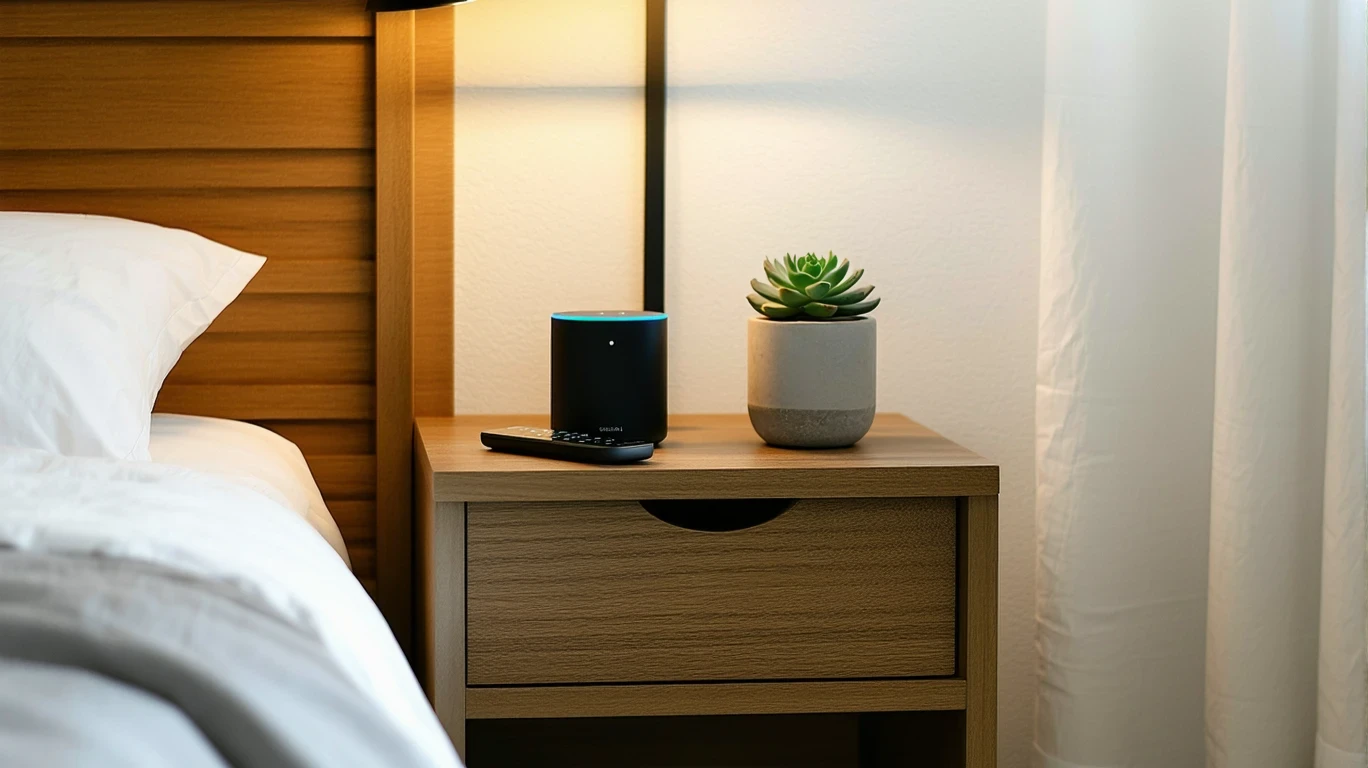 A bedroom nightstand with a remote, phone, and smart speaker under a lamp.