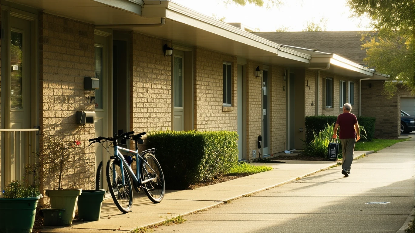 A row of apartments with potted plants, bikes, and a person walking on a sunny day.