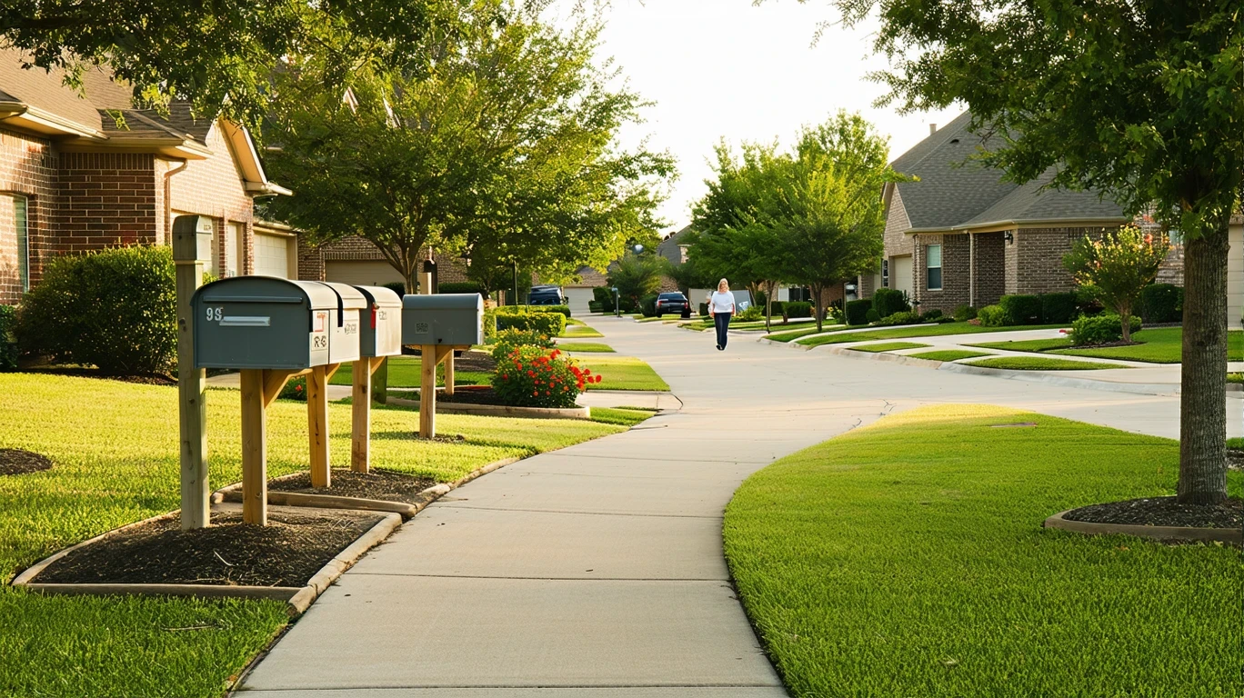 A sunlit suburban sidewalk in The Colony, Texas, lined with gray mailboxes and framed by tidy homes and leafy trees.