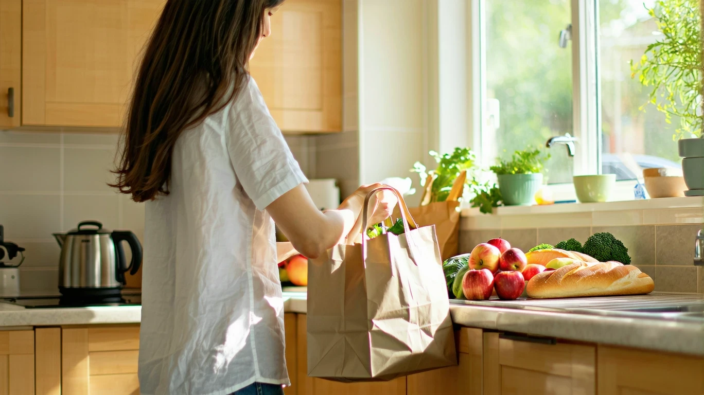 A person unpacking groceries on a kitchen counter in The Colony, Texas.