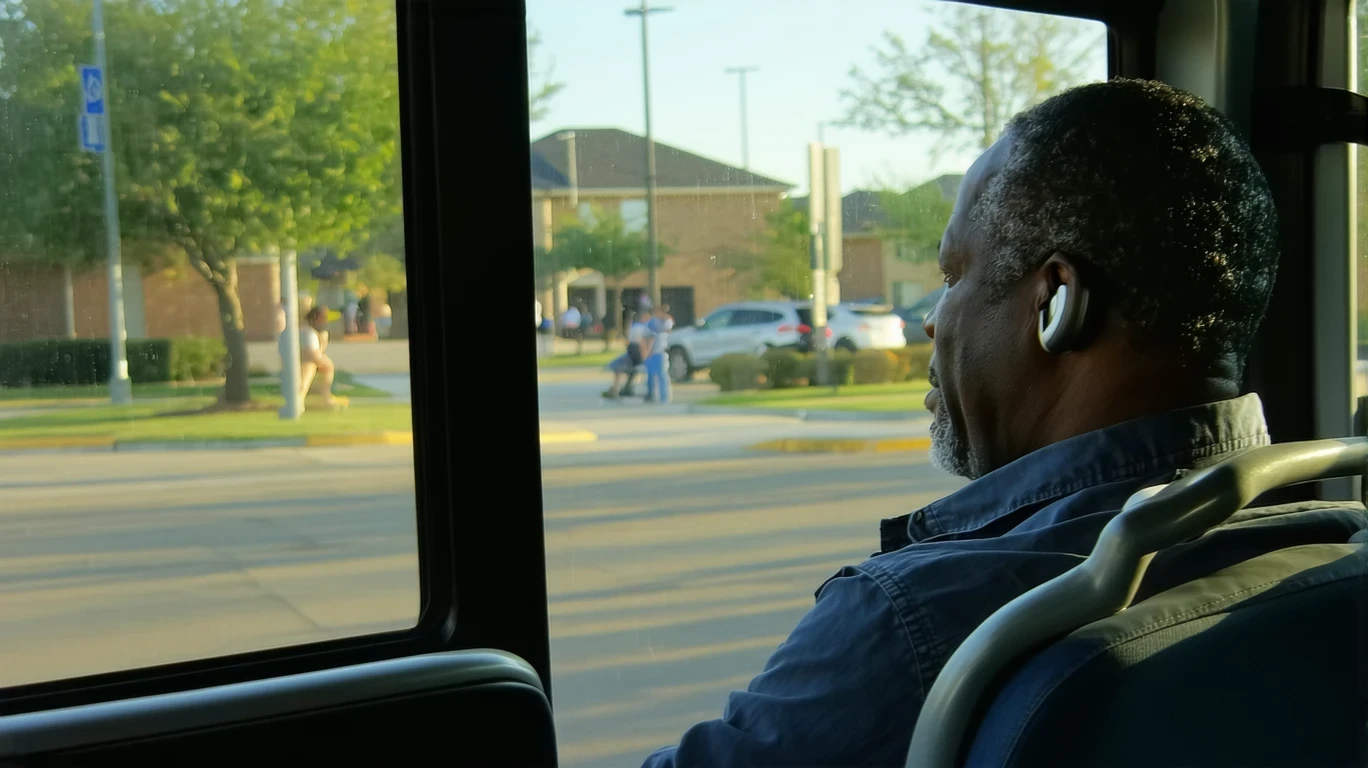 A man wearing earbuds sits near the back of a city bus, looking out the window at passing trees and homes reflected in the glass.