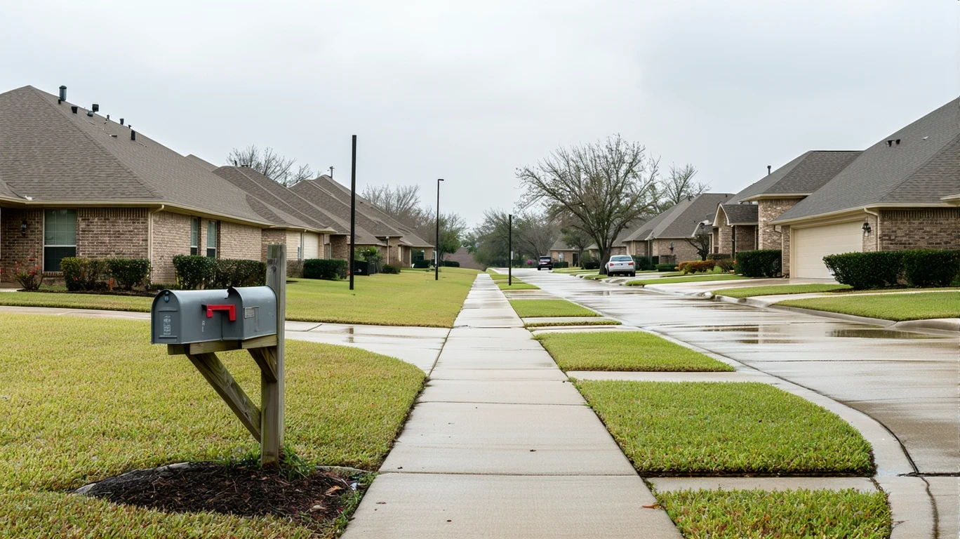 A curved sidewalk in a tidy suburban neighborhood with mailboxes and wet pavement on a cloudy day.