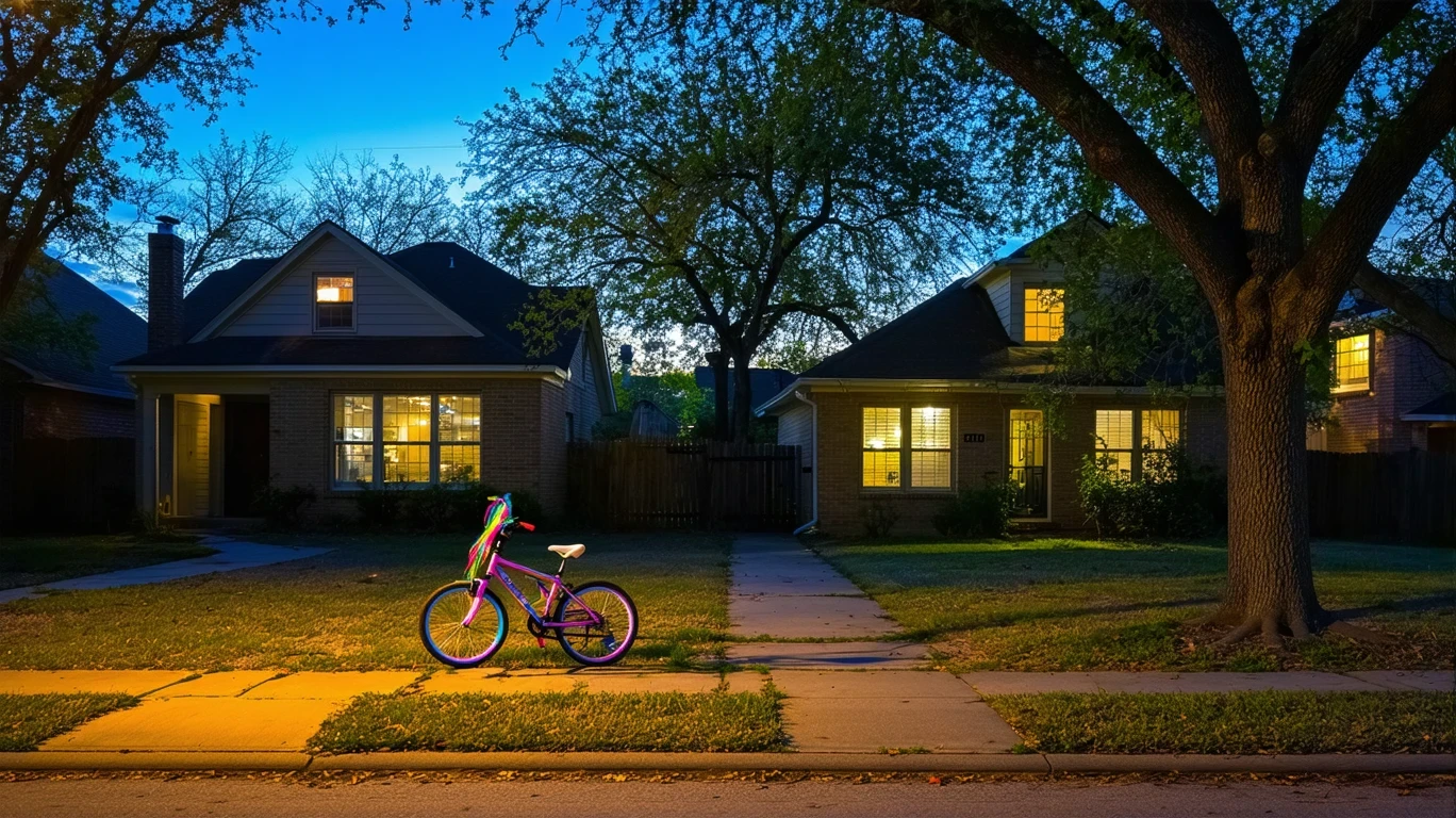 A view of a small cul-de-sac in a Garland neighborhood at dusk with a child's bicycle near the curb.