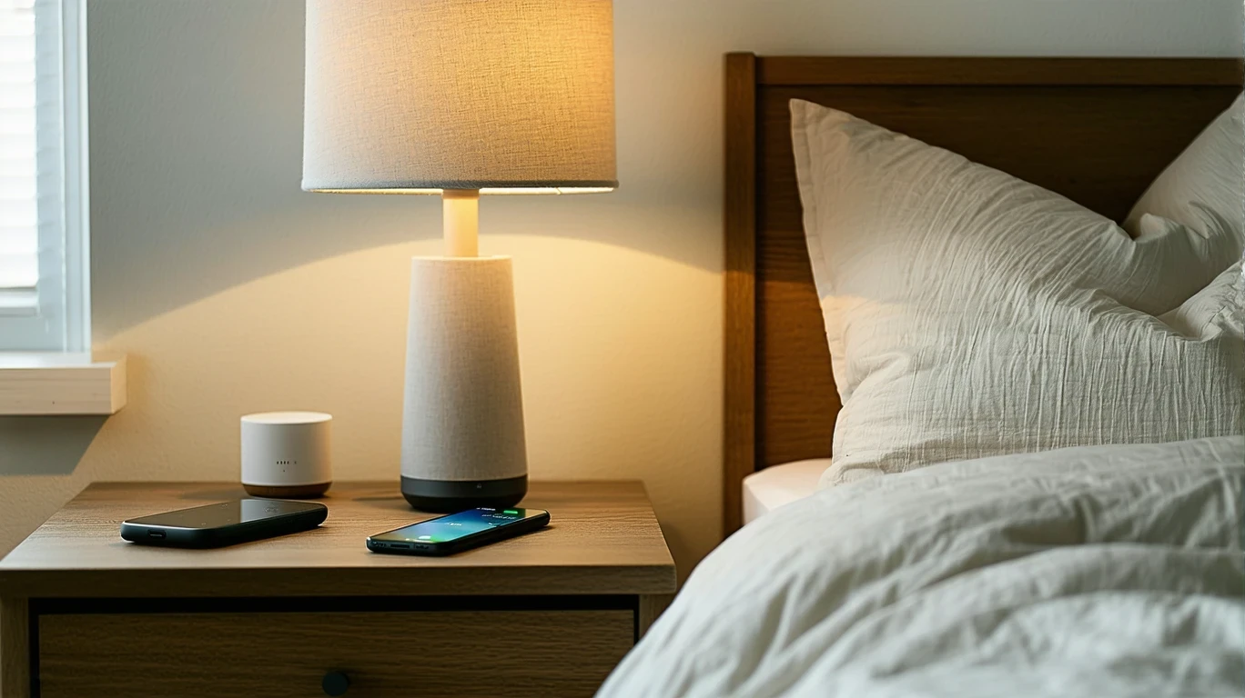 A wooden nightstand with a remote, phone, smart speaker, and reading lamp in a bedroom.