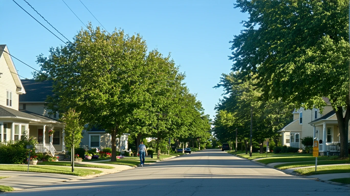 A sunlit residential street in The Village, Oklahoma with maple trees, telephone wires, and a pedestrian on the sidewalk.