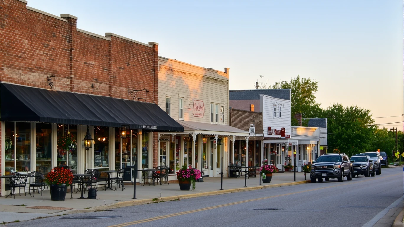A quiet strip of local shops beside a neighborhood street in The Village, Oklahoma at dusk, with empty patios and flower planters.
