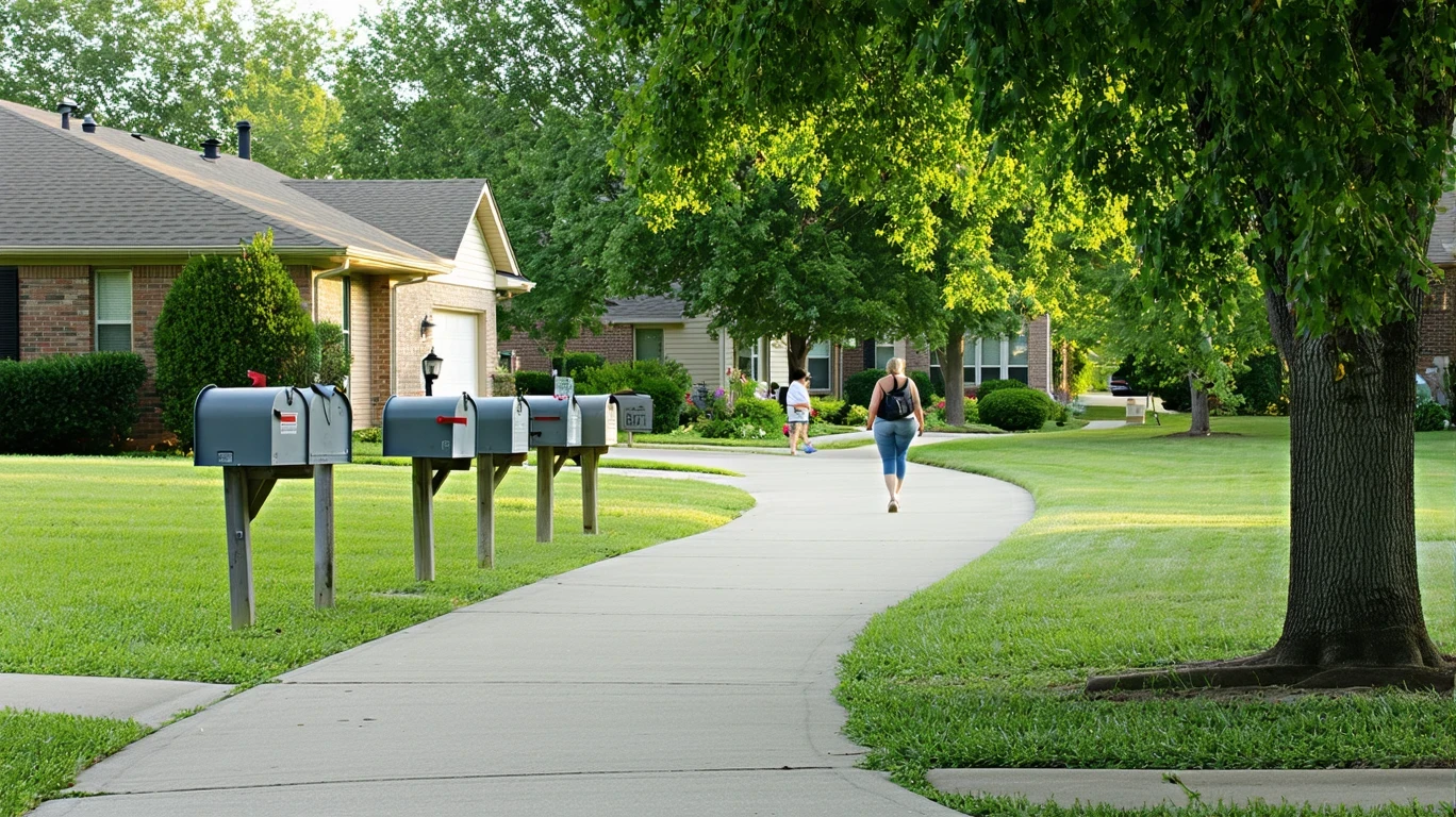 A sunny suburban sidewalk in The Village, Oklahoma lined with gray metal mailboxes and leafy trees.