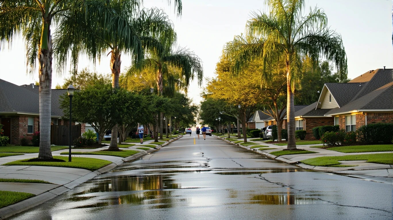 A suburban street in The Village, Oklahoma on a sunny afternoon after rain, with palm trees reflected in puddles and a few people walking.