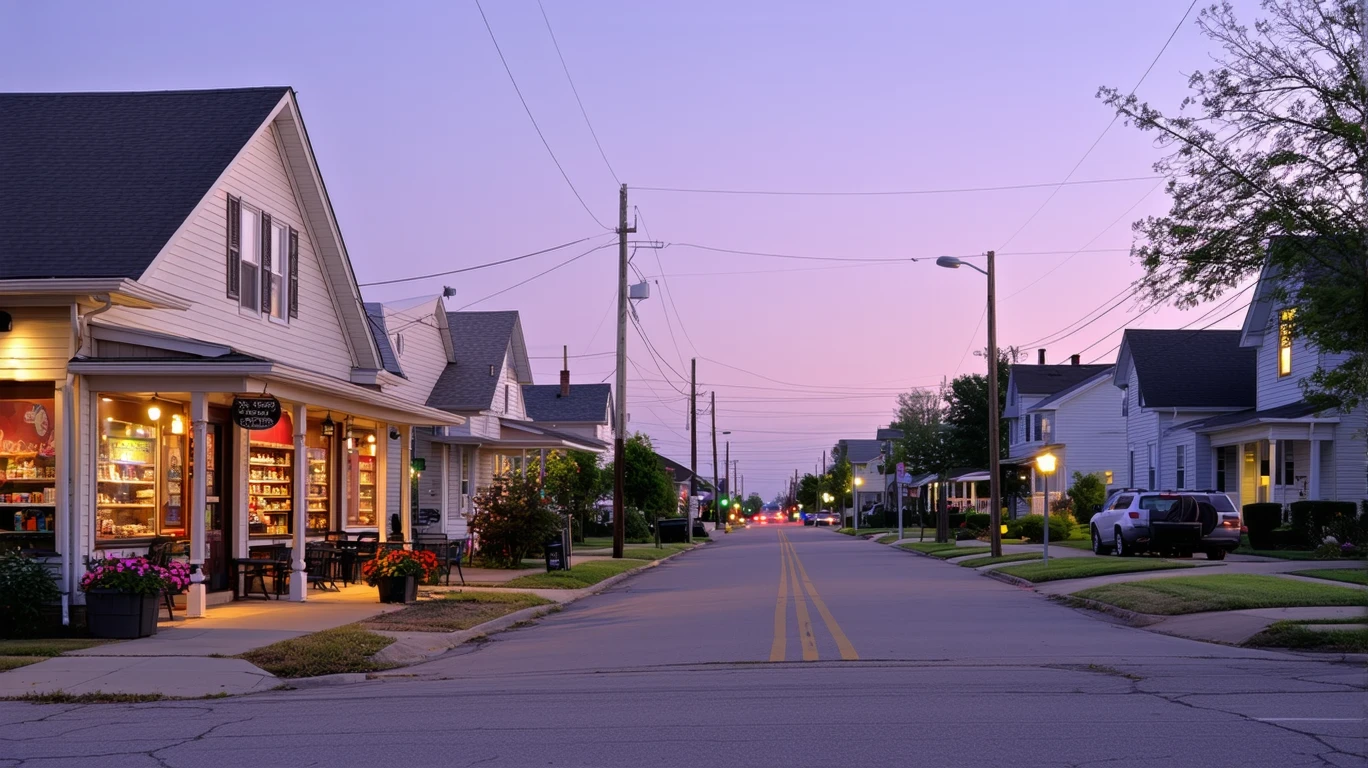 A Midwest City neighborhood at dusk, with local shops beside residential homes, quiet patio seating, and purple twilight sky.
