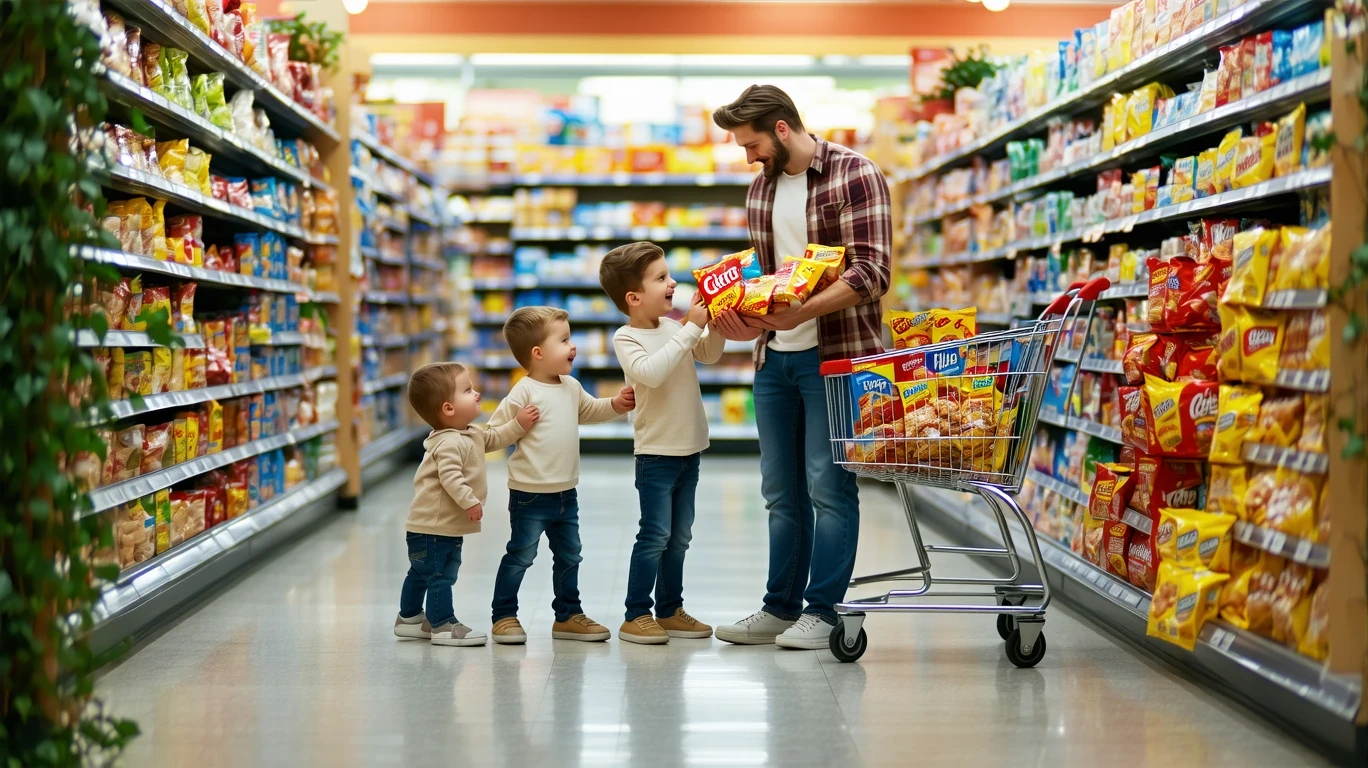 A family of three looking at cereal boxes together in a grocery store aisle.