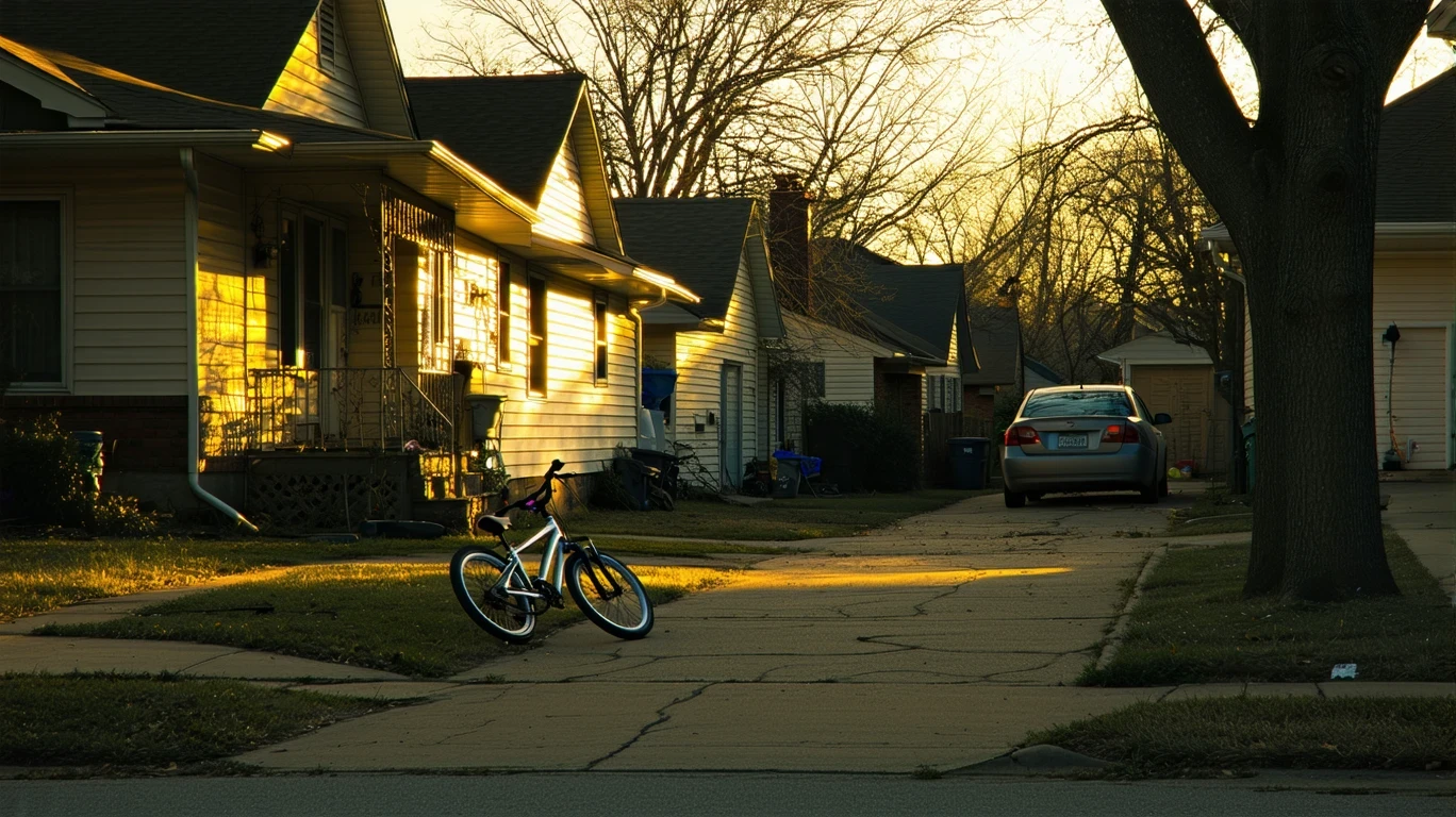 A quiet cul-de-sac in The Village, Oklahoma at dusk, with porch lights illuminating tidy homes and a child's bicycle lying near the curb.