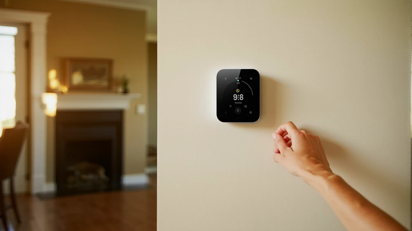 A hand reaching out to adjust a smart thermostat mounted in a residential hallway.