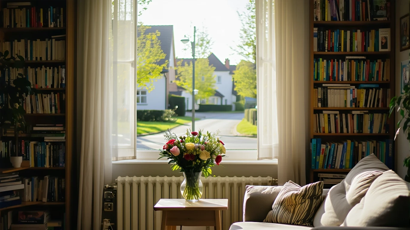 A sunlit living room with a couch, bookshelf, and view of a suburban street through sheer curtains.