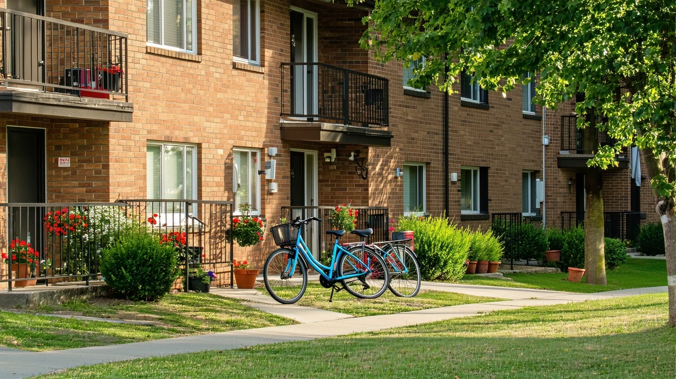 A small apartment row in The Village, OK with potted plants, bicycles, and shaded doorways.