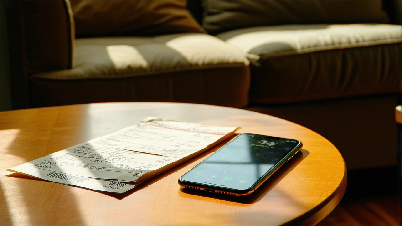 A cluttered table with a phone, grocery receipt, budget notes, and delivery menu in an apartment.