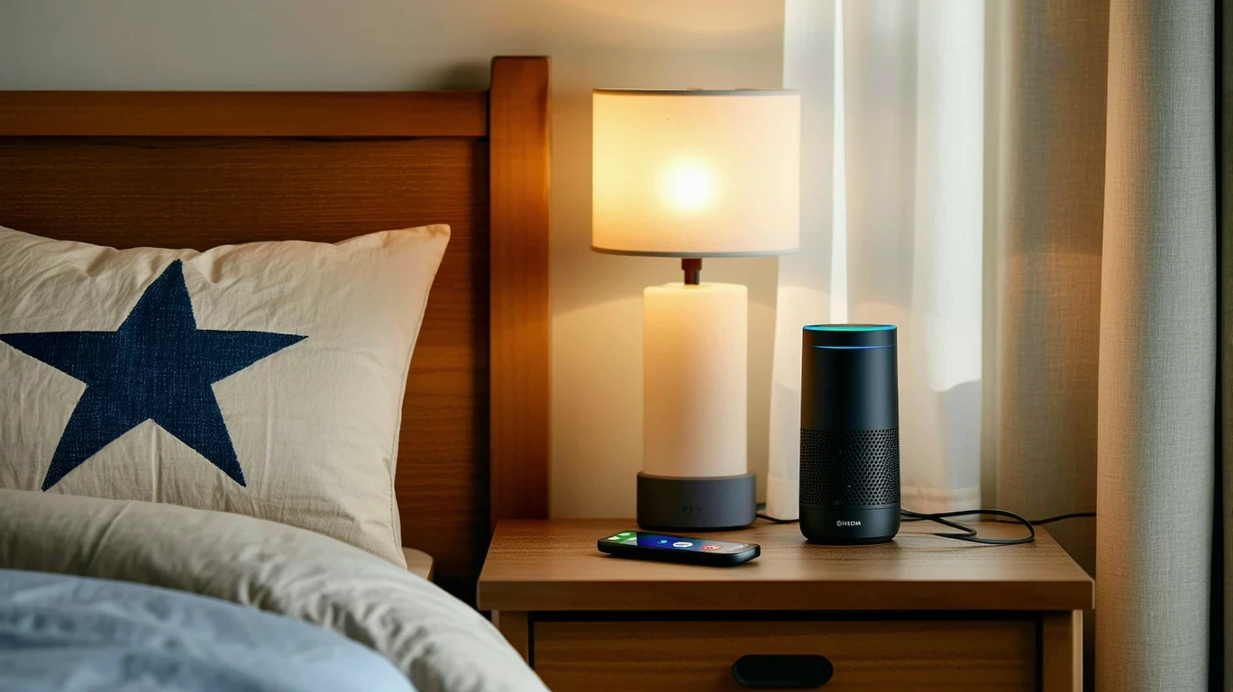A bedroom nightstand with a remote, phone, smart speaker and lamp.