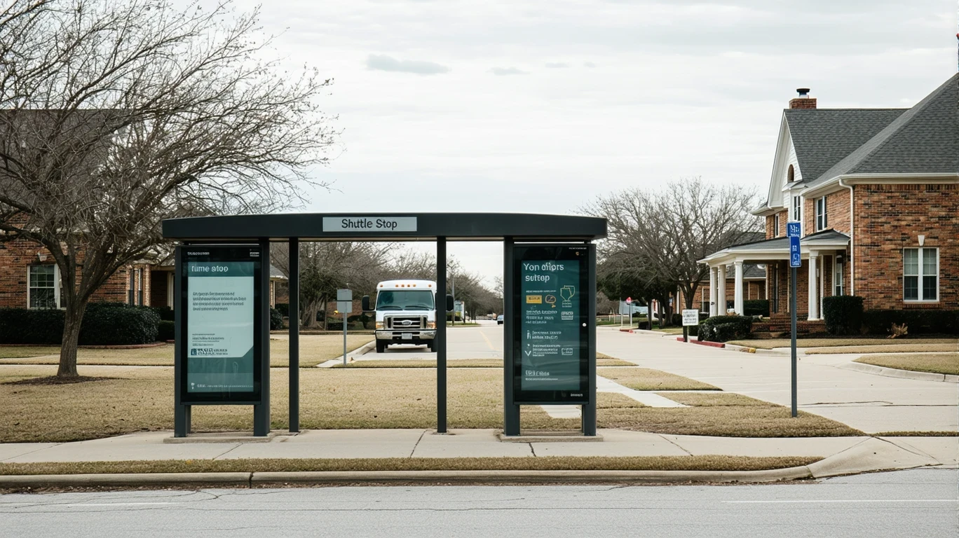 A campus shuttle stop with faded signage on a cloudy day, a single shuttle idling nearby.