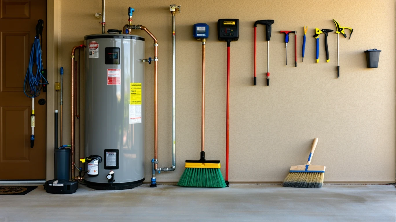 A tidy garage corner with a water heater and broom in a Tomball home.