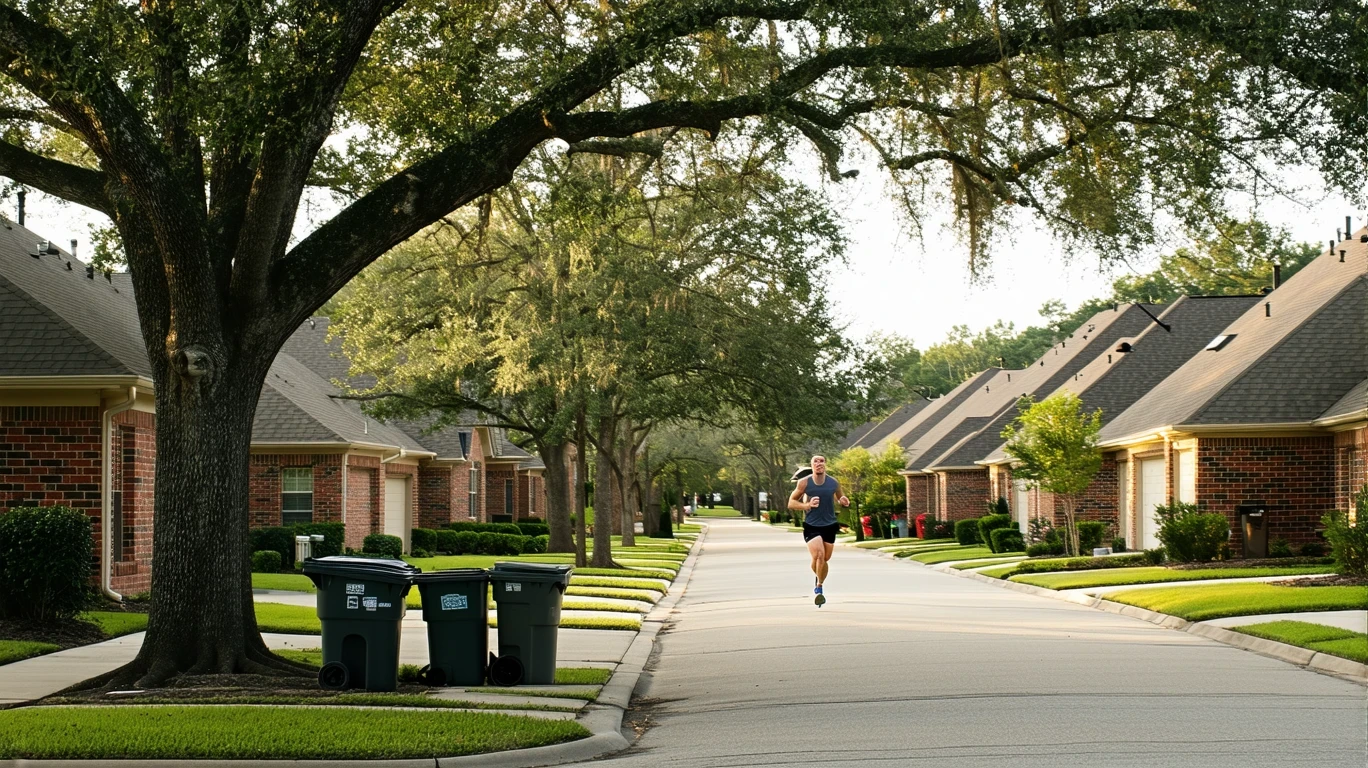 A suburban street in Tomball, Texas lined with red-brick homes and trash bins at the curb, with a jogger passing by on the sidewalk.
