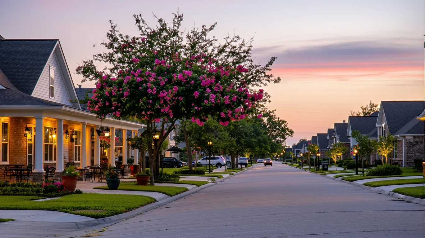 A Pearland neighborhood at dusk, with local storefronts on one side of the street and single-family homes on the other.