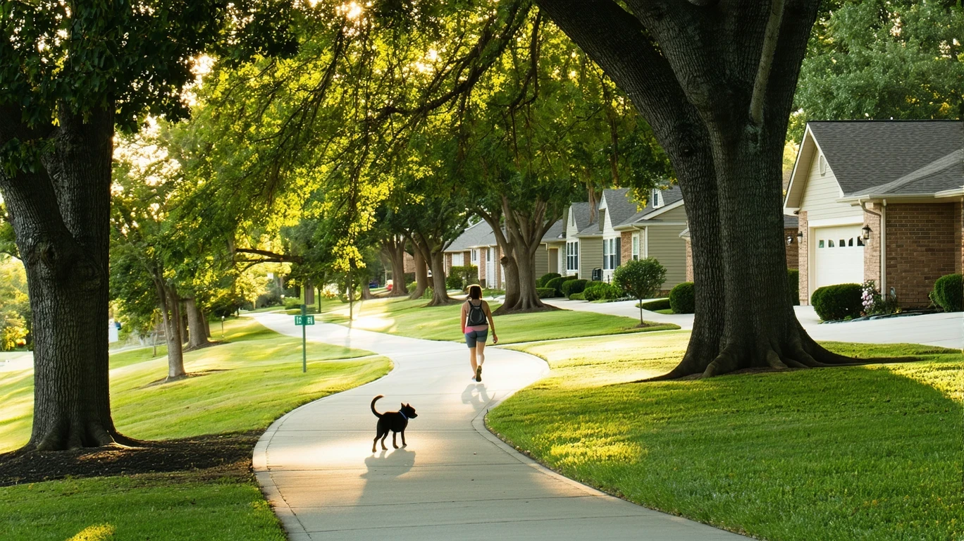 Tree-lined sidewalk curving through a suburban neighborhood with glimpses of tidy ranch homes.