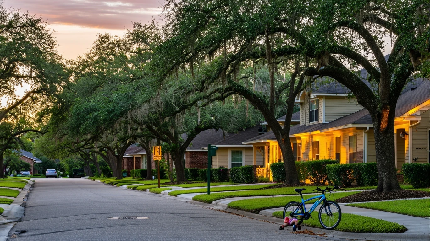 A quiet cul-de-sac in Universal City, TX at dusk with porch lights turning on and a child's bicycle near the curb.