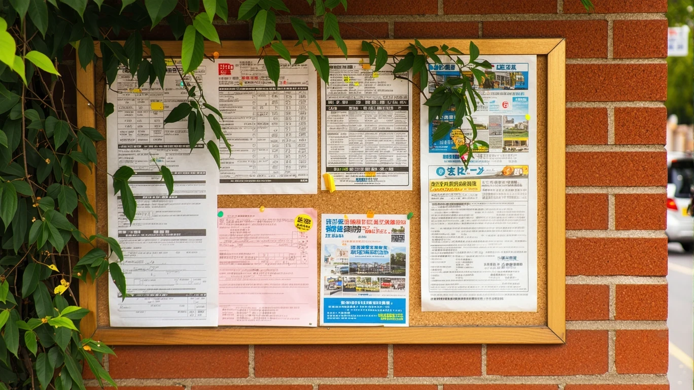 A community corkboard with bus schedules and local event flyers pinned to it on a brick wall.