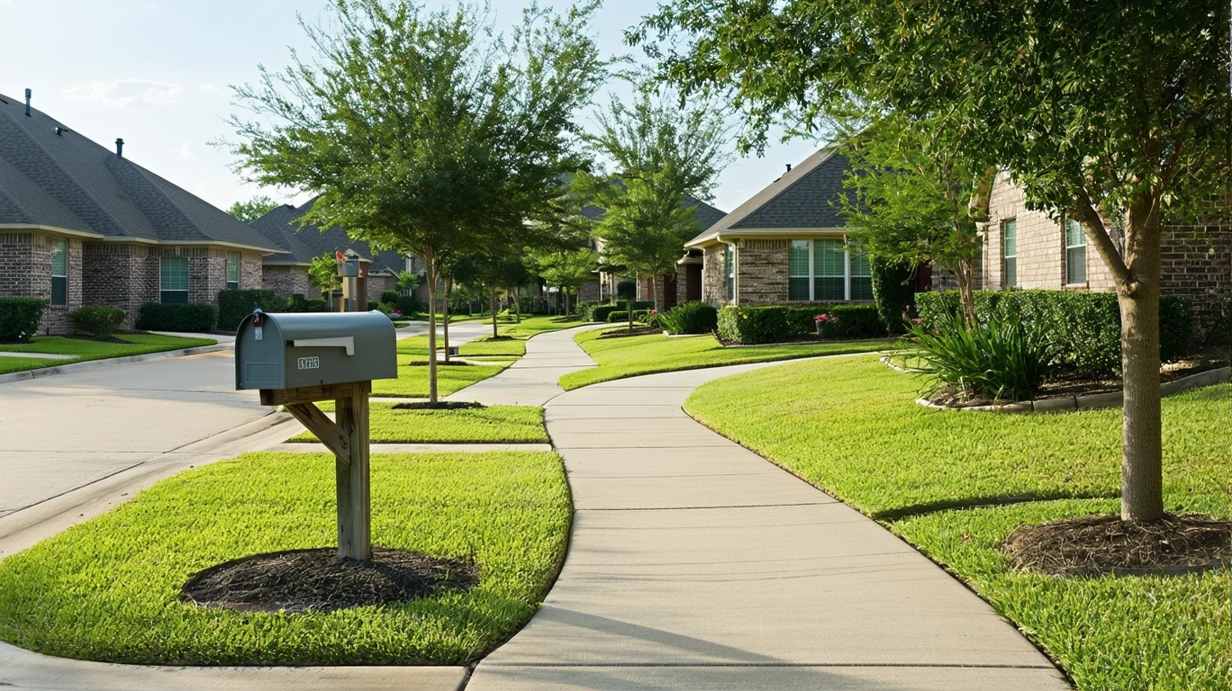 A sunny suburban sidewalk in Universal City, Texas lined with gray metal mailboxes and tidy homes.