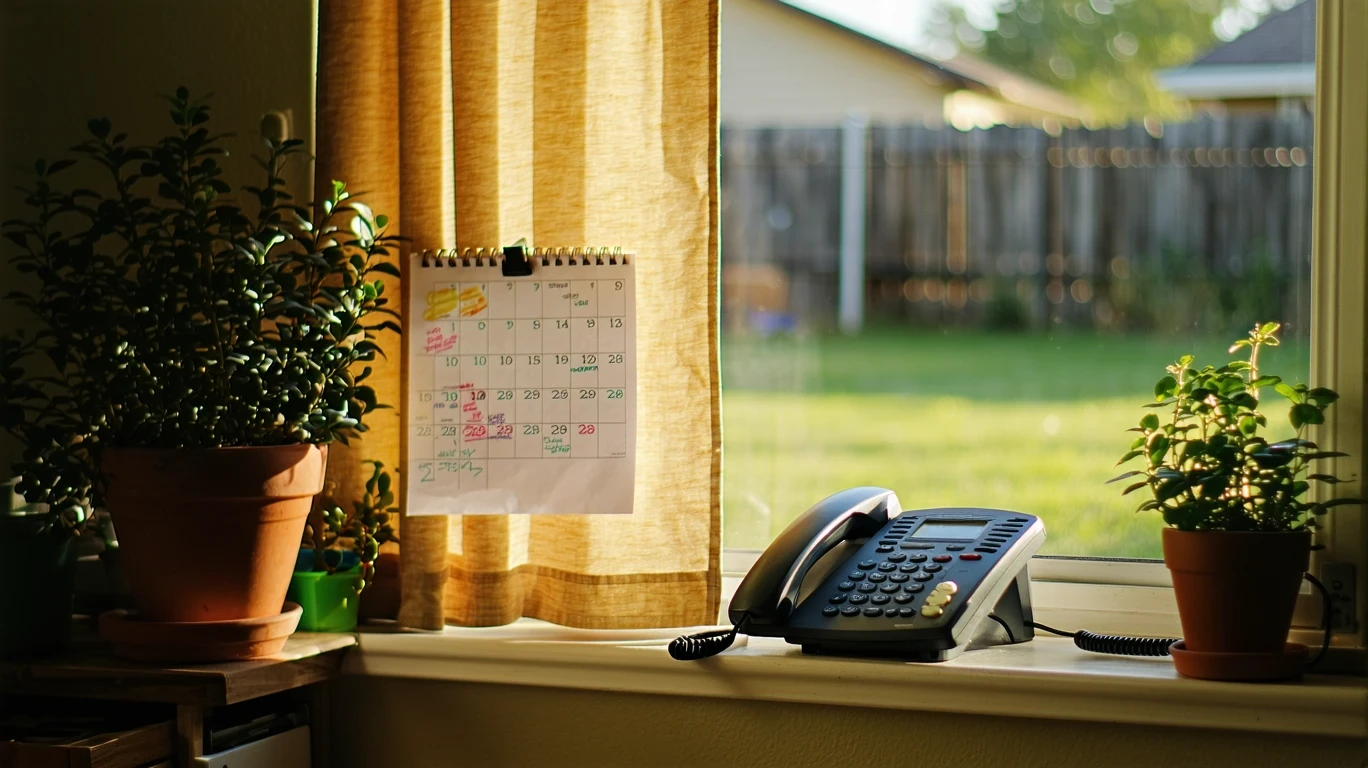 A calendar with payment reminders pinned in a suburban kitchen.