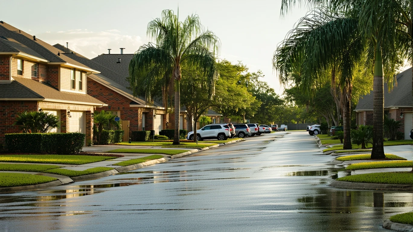 A tree-lined residential street in Universal City, Texas with wet pavement and puddles reflecting the late afternoon sun.