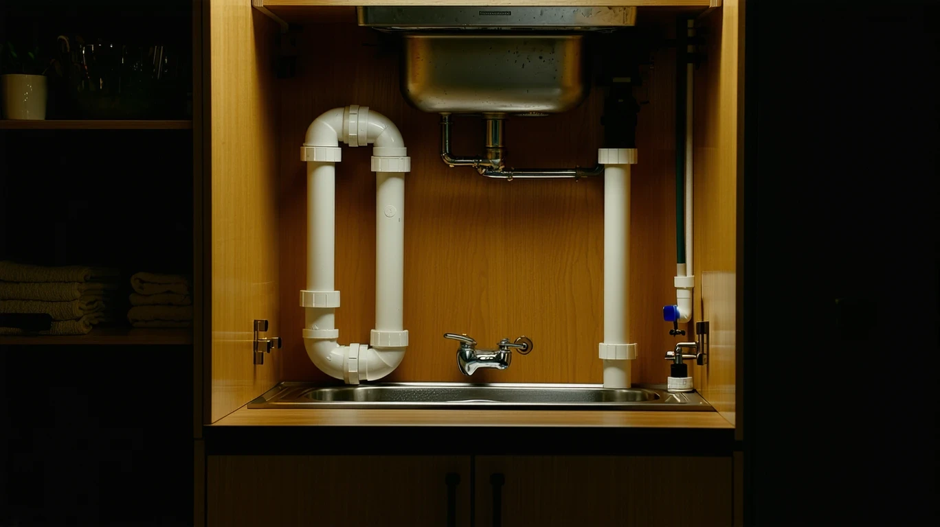 A residential water meter and PVC piping under a kitchen sink.