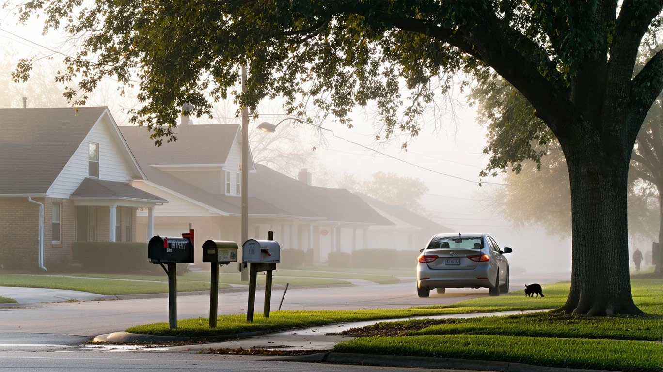 A foggy morning street in Universal City, Texas lined with single-story homes and an old sedan parked under a tree.