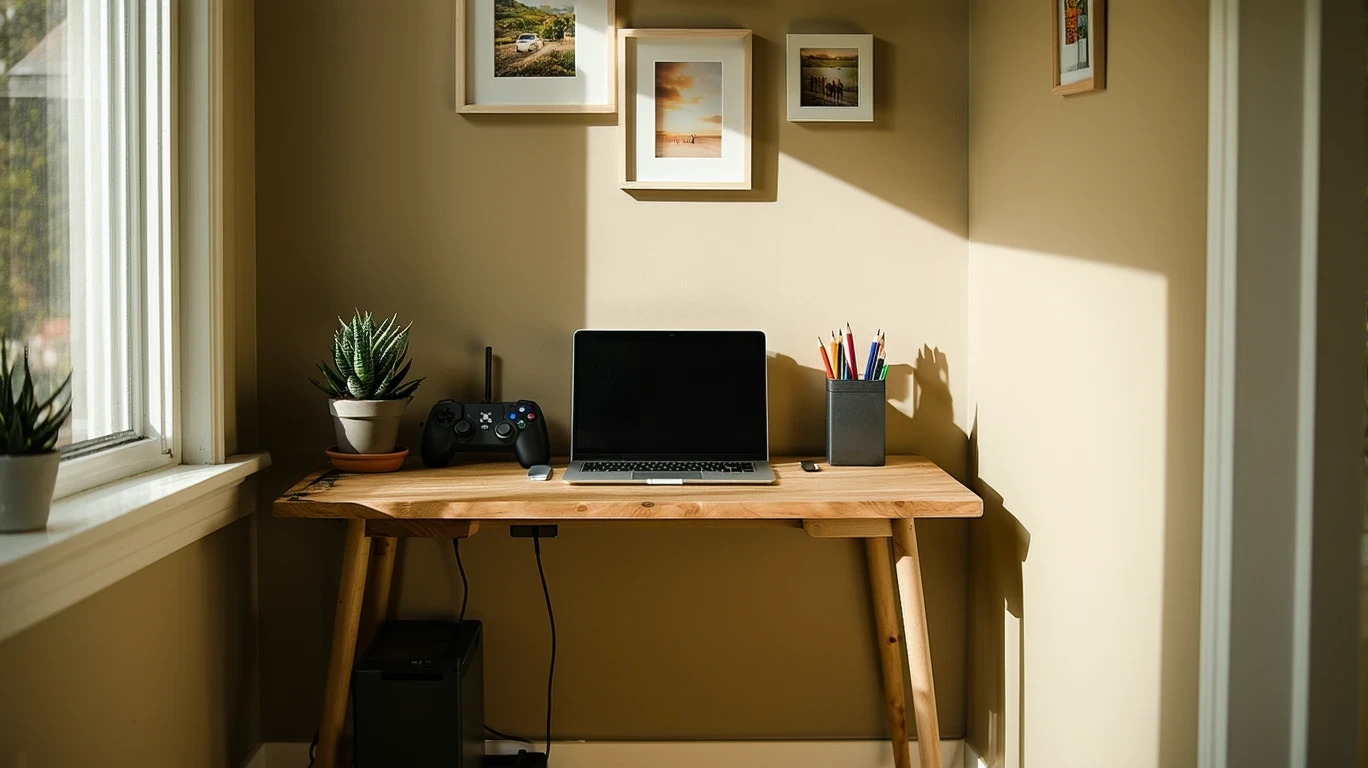 A home office desk in the corner of a hallway with an ethernet cable connecting to a modem and router.