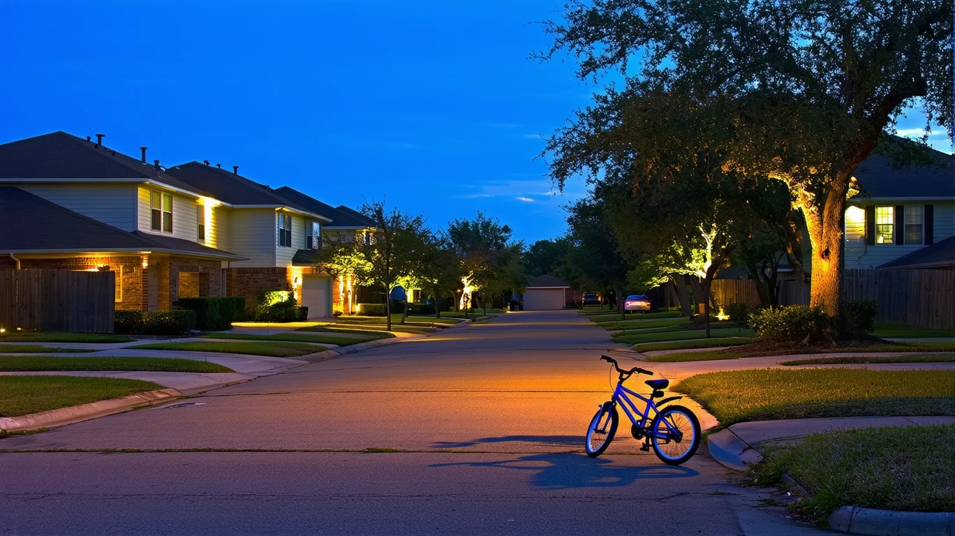 A residential cul-de-sac in Universal City, Texas at dusk with porch lights on and a child's bicycle lying near the curb.