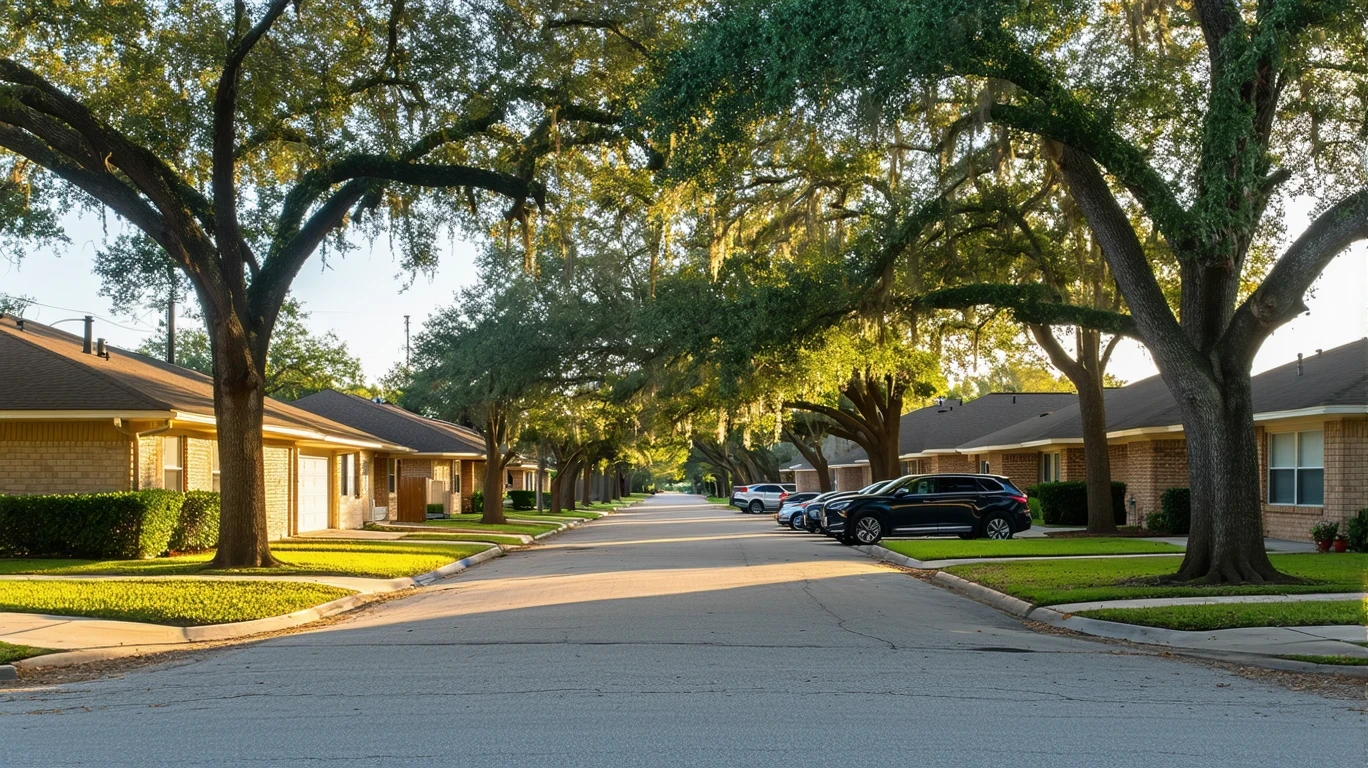 Suburban street in Universal City, Texas with single-story homes and mature trees casting long shadows at sunrise.