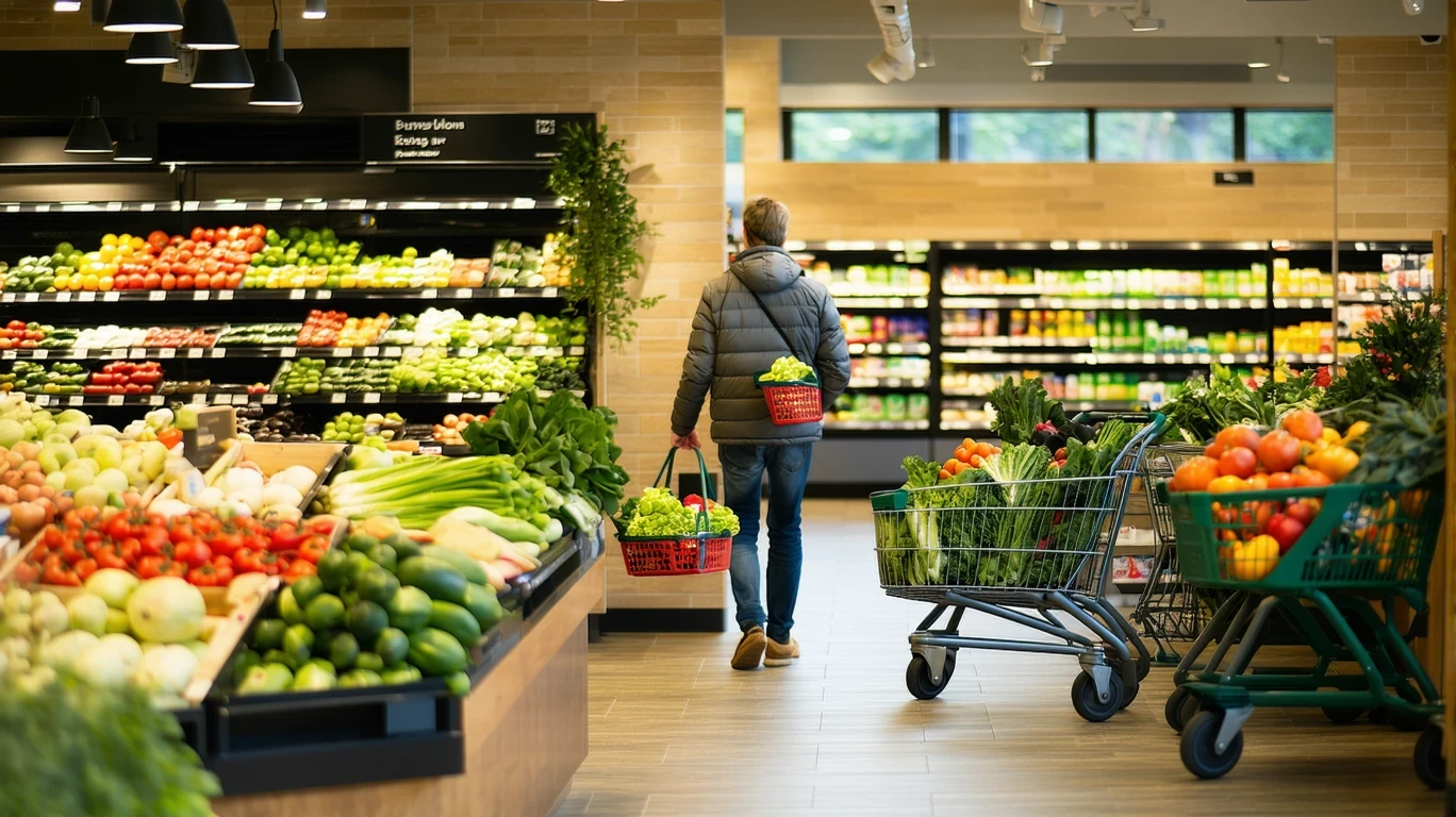 A shopper comparing produce prices in a grocery store aisle in Upper Arlington, Ohio.