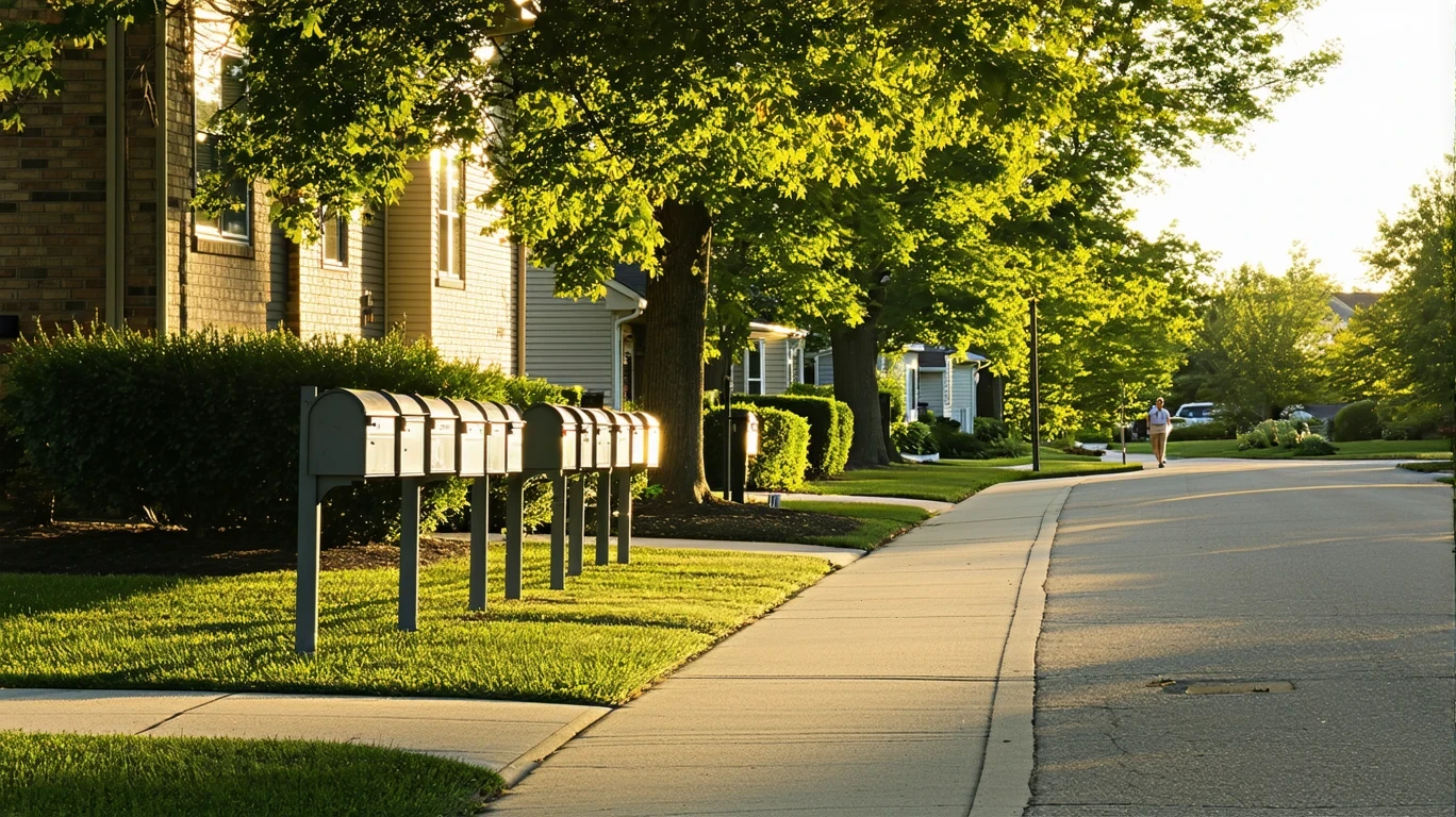 A sunlit suburban street in Upper Arlington, Ohio with mailboxes lining a curving sidewalk.