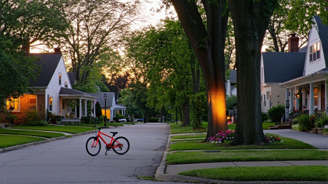 A quiet cul-de-sac in Upper Arlington, OH at dusk, with a child's bicycle near the curb and porch lights illuminating the well-kept homes.
