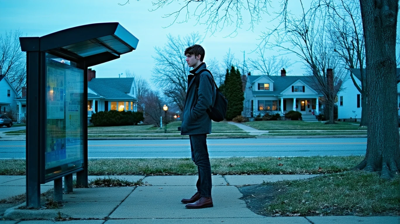 A young man waits alone at a bus stop shelter on a quiet suburban street at dawn.