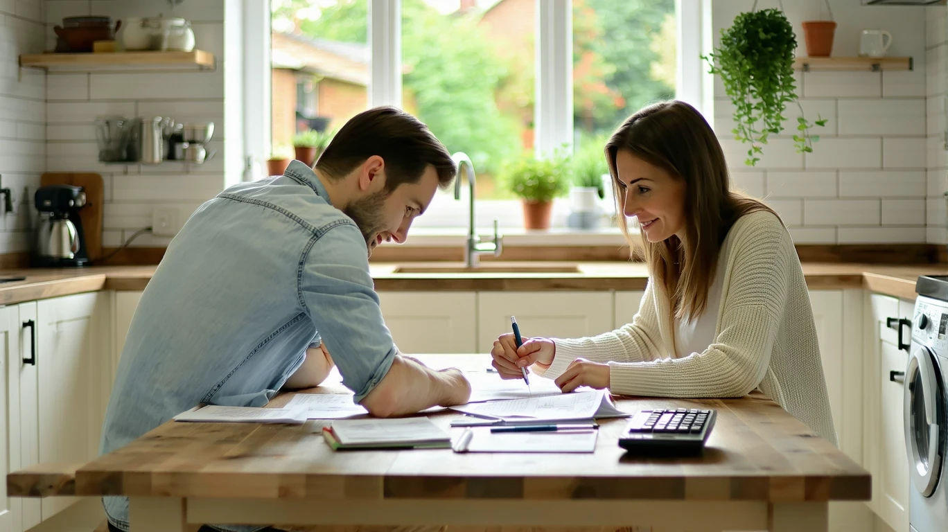 Couple reviewing finances at kitchen table in evening