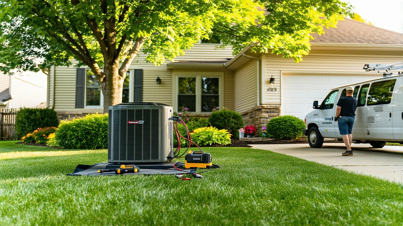 HVAC technician servicing outdoor AC unit at suburban home in Upper Arlington, OH
