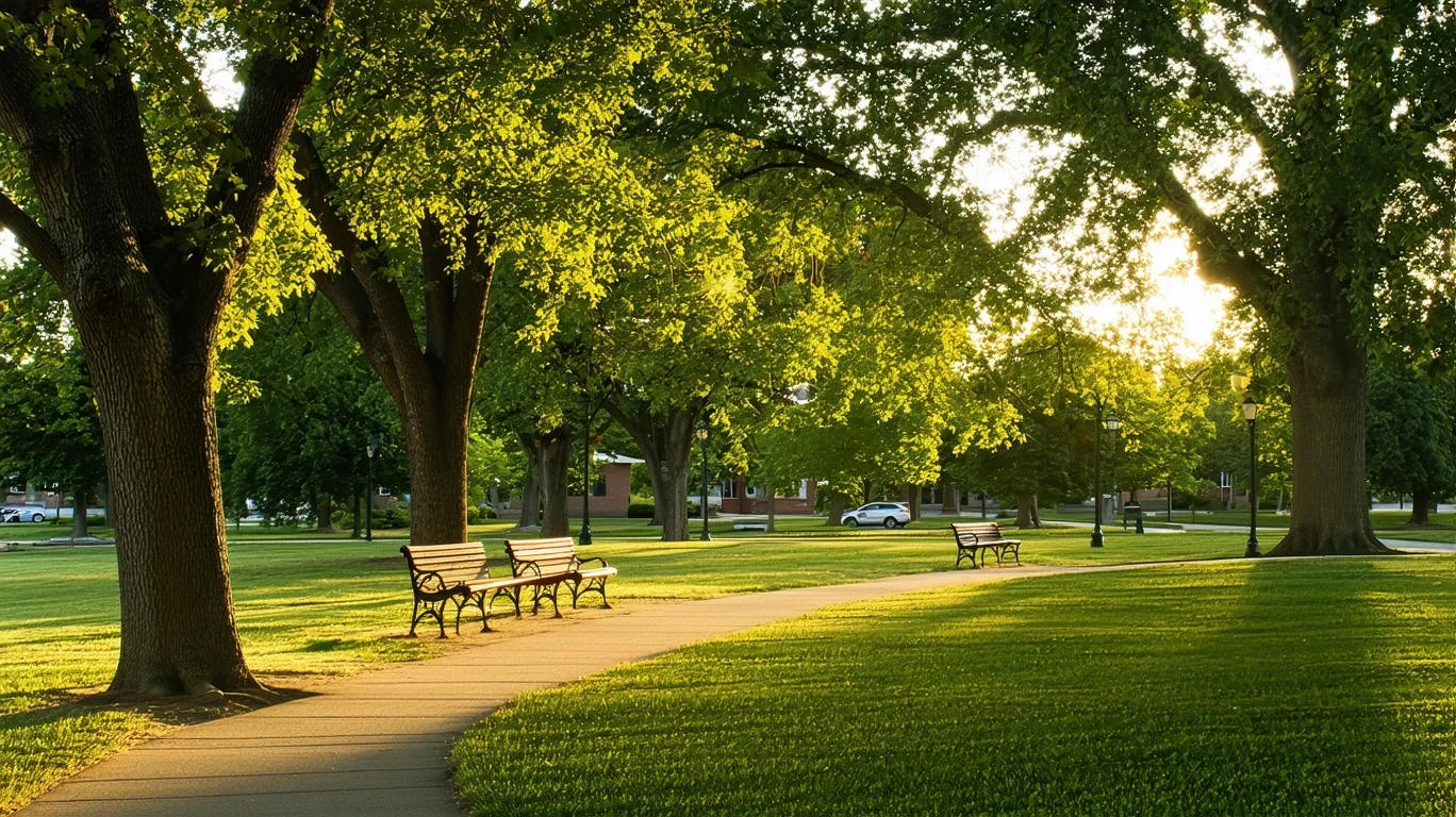 A serene park with empty benches beneath oak trees in the late afternoon sunlight.
