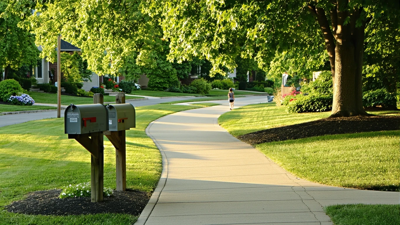 A sunny sidewalk in an Upper Arlington neighborhood, lined with gray mailboxes and framed by trees and lawns.