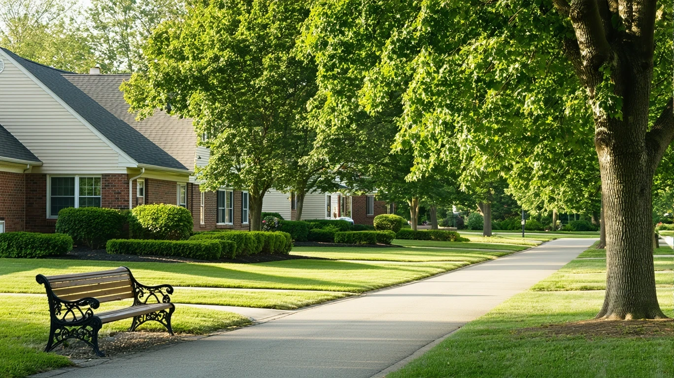 A sunny residential street in Upper Arlington, Ohio with well-kept homes, a small neighborhood park, and an empty bench along a walking path.