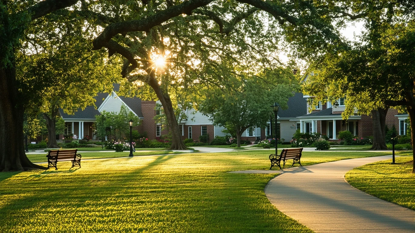 A serene park lawn with empty benches beneath large oak trees casting long shadows in the golden late afternoon light, a walking path curving through, and roofs of nice suburban homes just visible in the background.