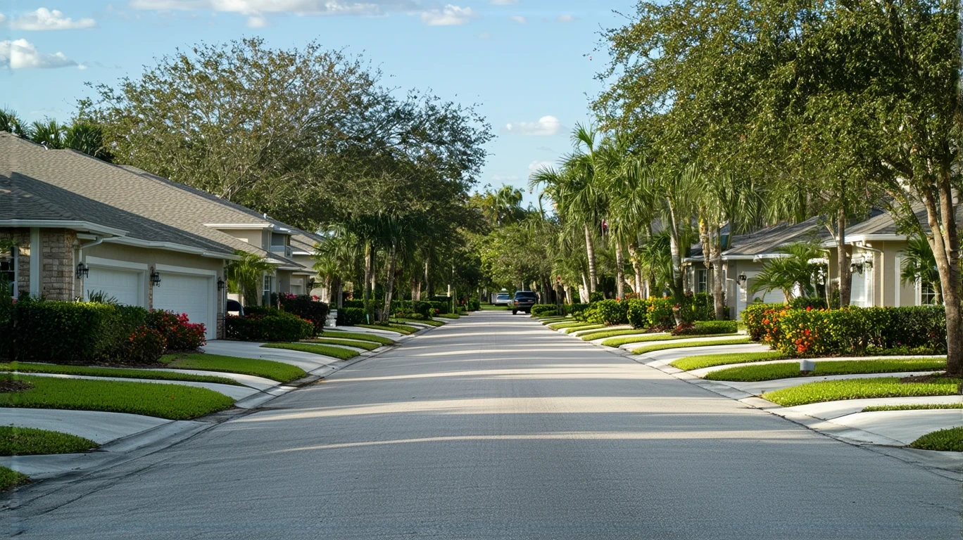 A peaceful suburban street in Valrico, Florida lined with well-maintained stucco homes and tidy landscaping.