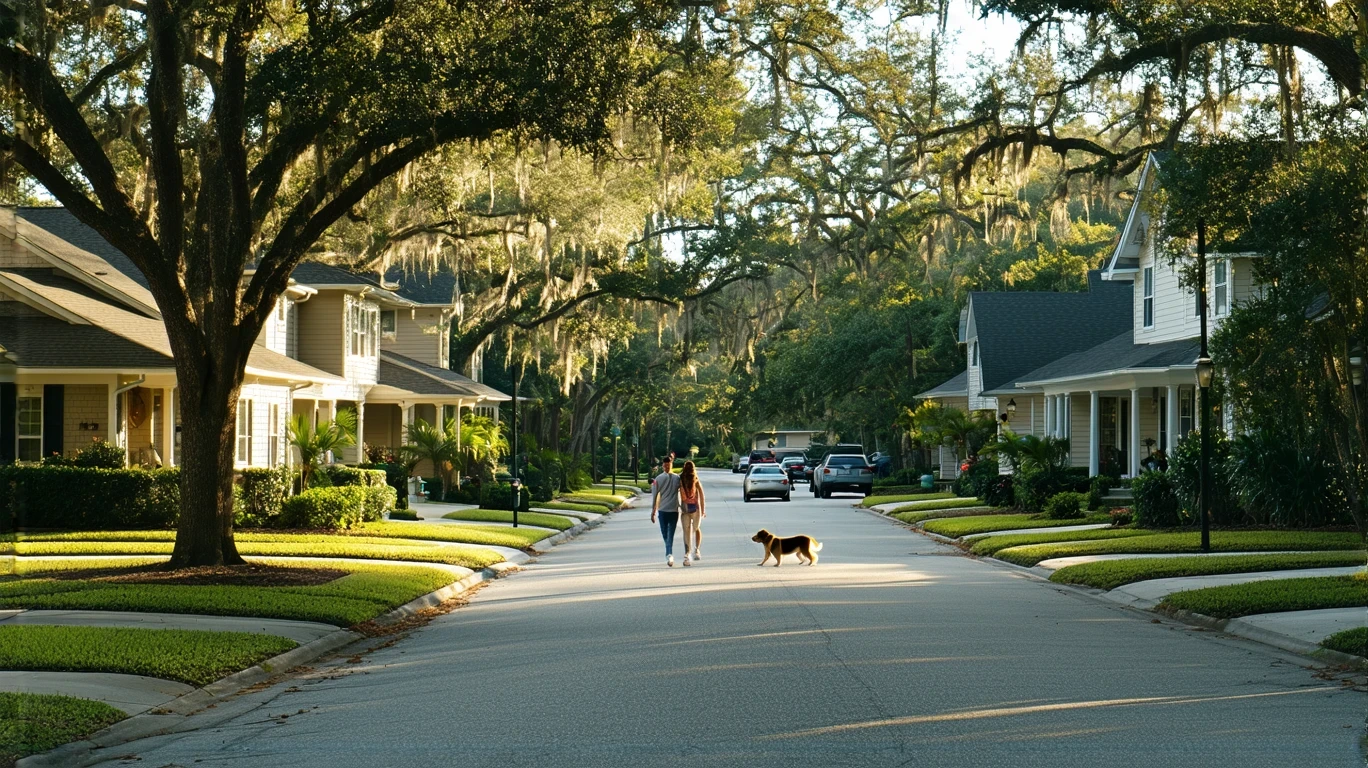 A couple walking their dog on a quiet suburban street lined with craftsman and ranch-style homes in Valrico, Florida.