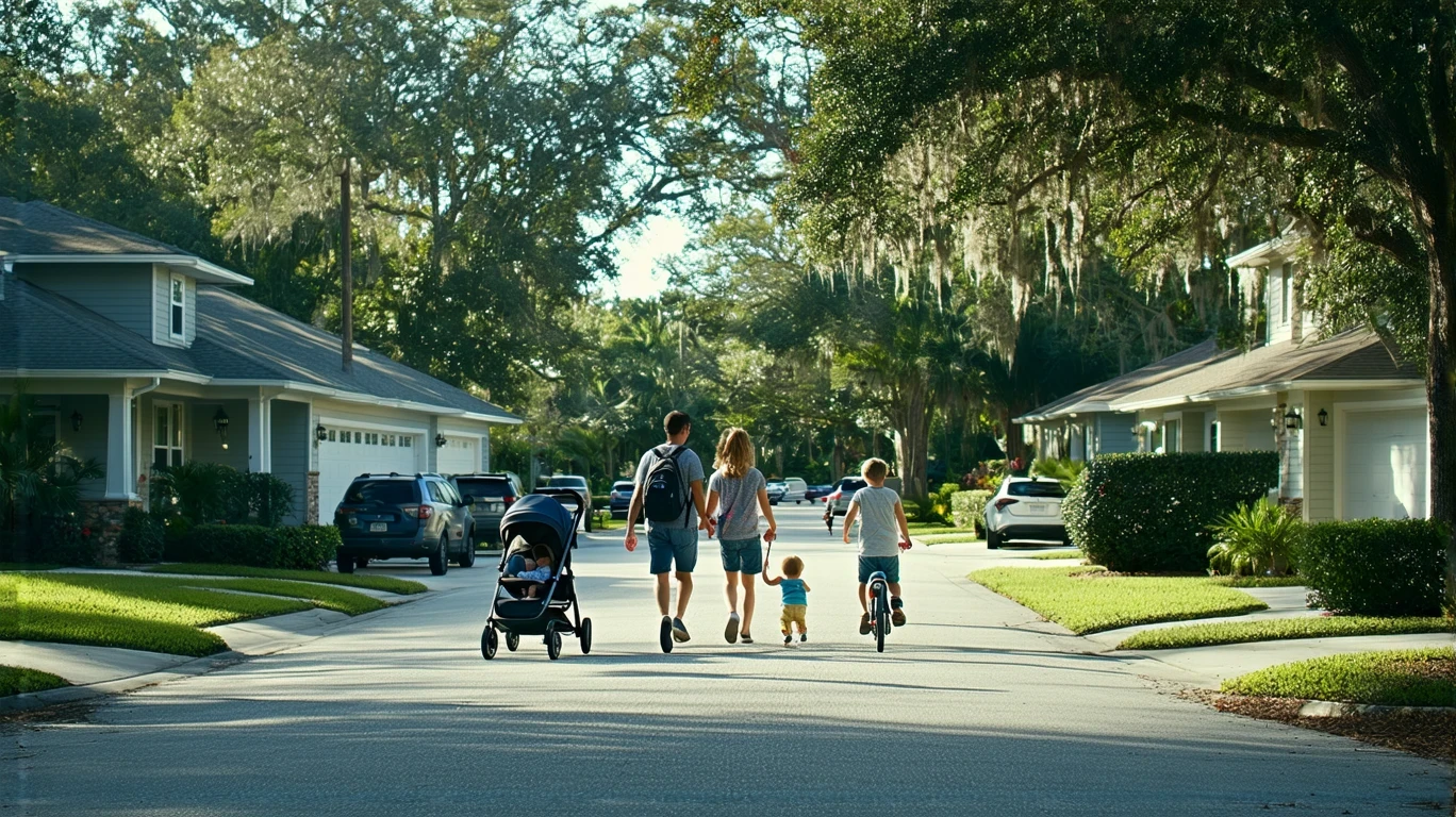 A young family walks along a sidewalk on a quiet suburban street lined with craftsman-style homes and green lawns in Valrico, Florida.